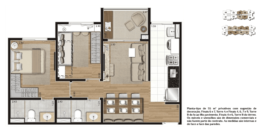 Planta tipo 55m²