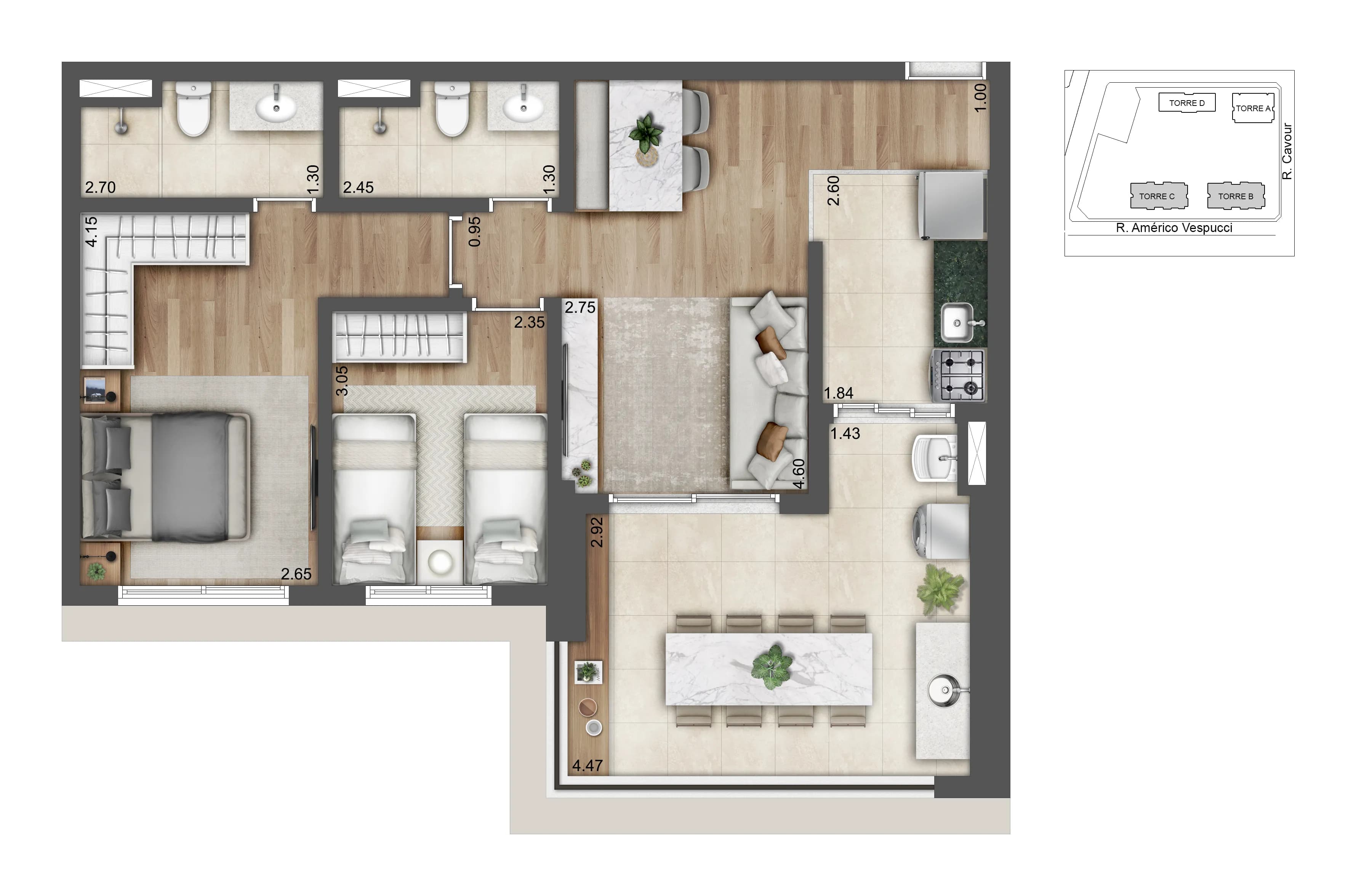 Planta tipo 72m² - 2 dorms (torres b e c)
