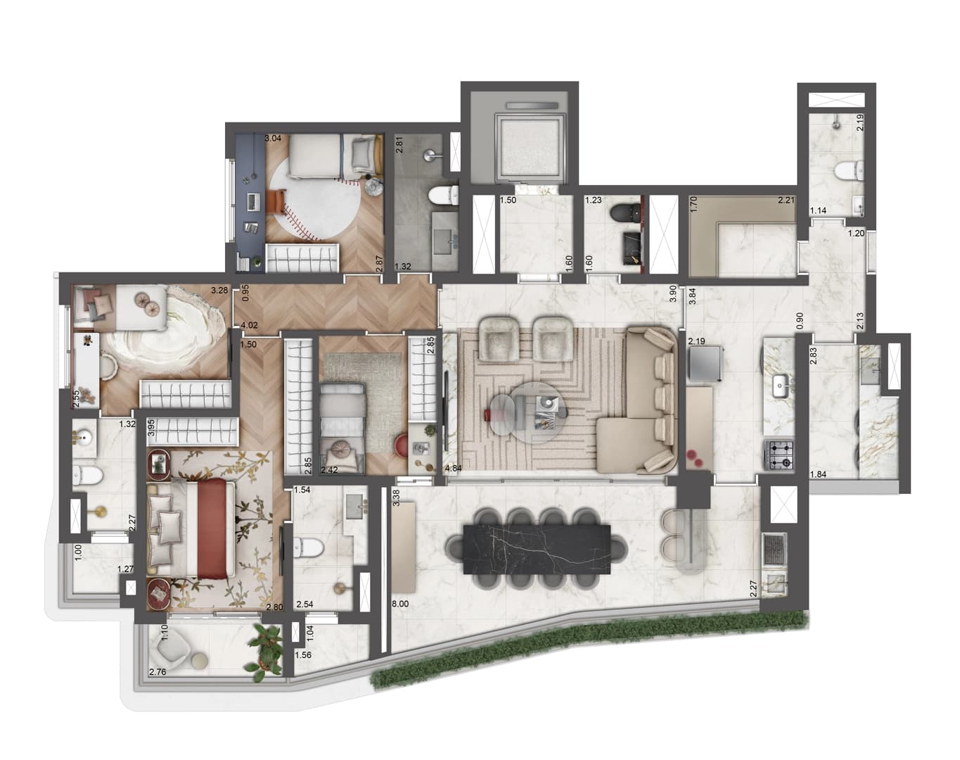 Planta tipo 156m² - 4 suítes