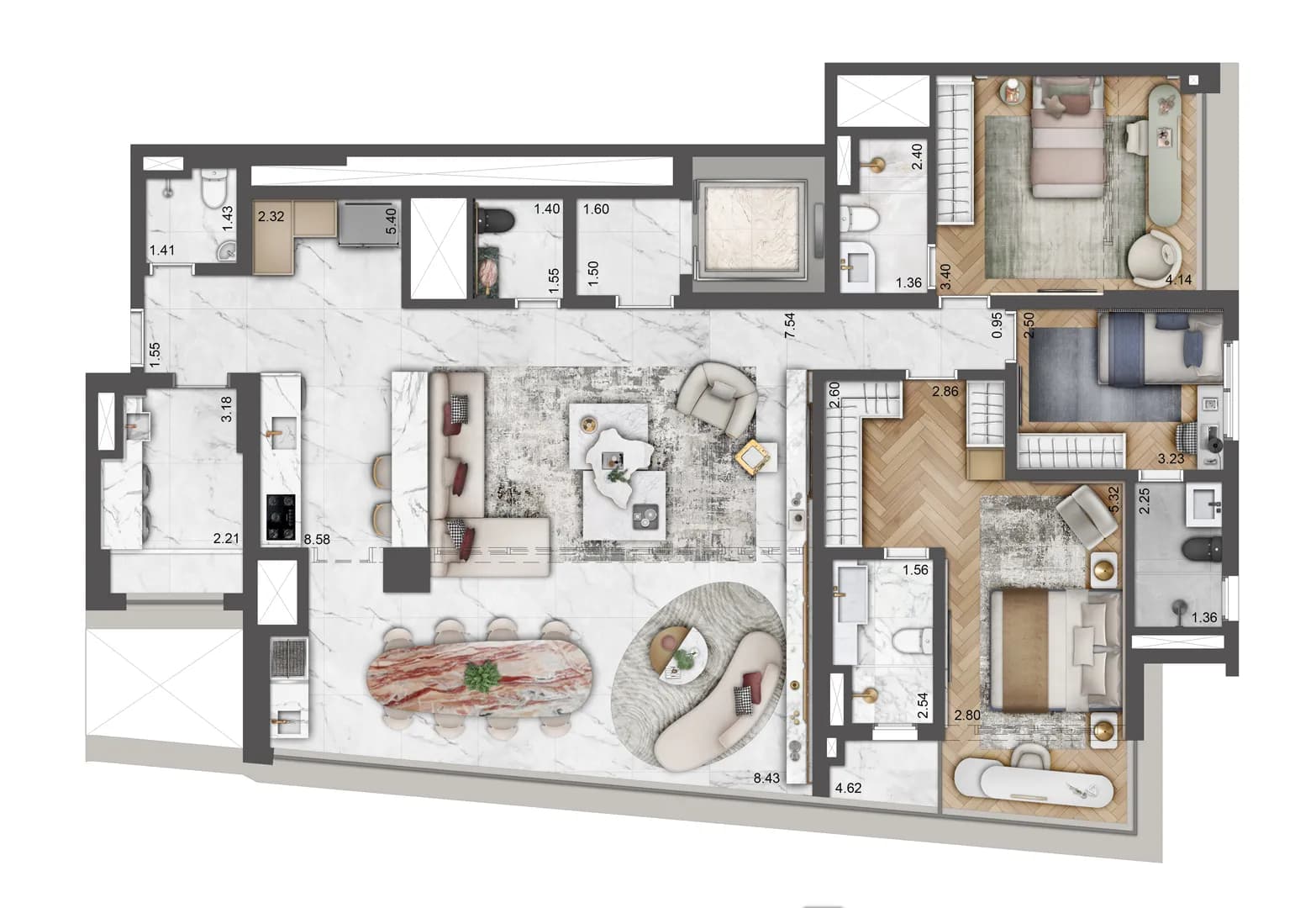 Planta tipo 162m² - 3 suites