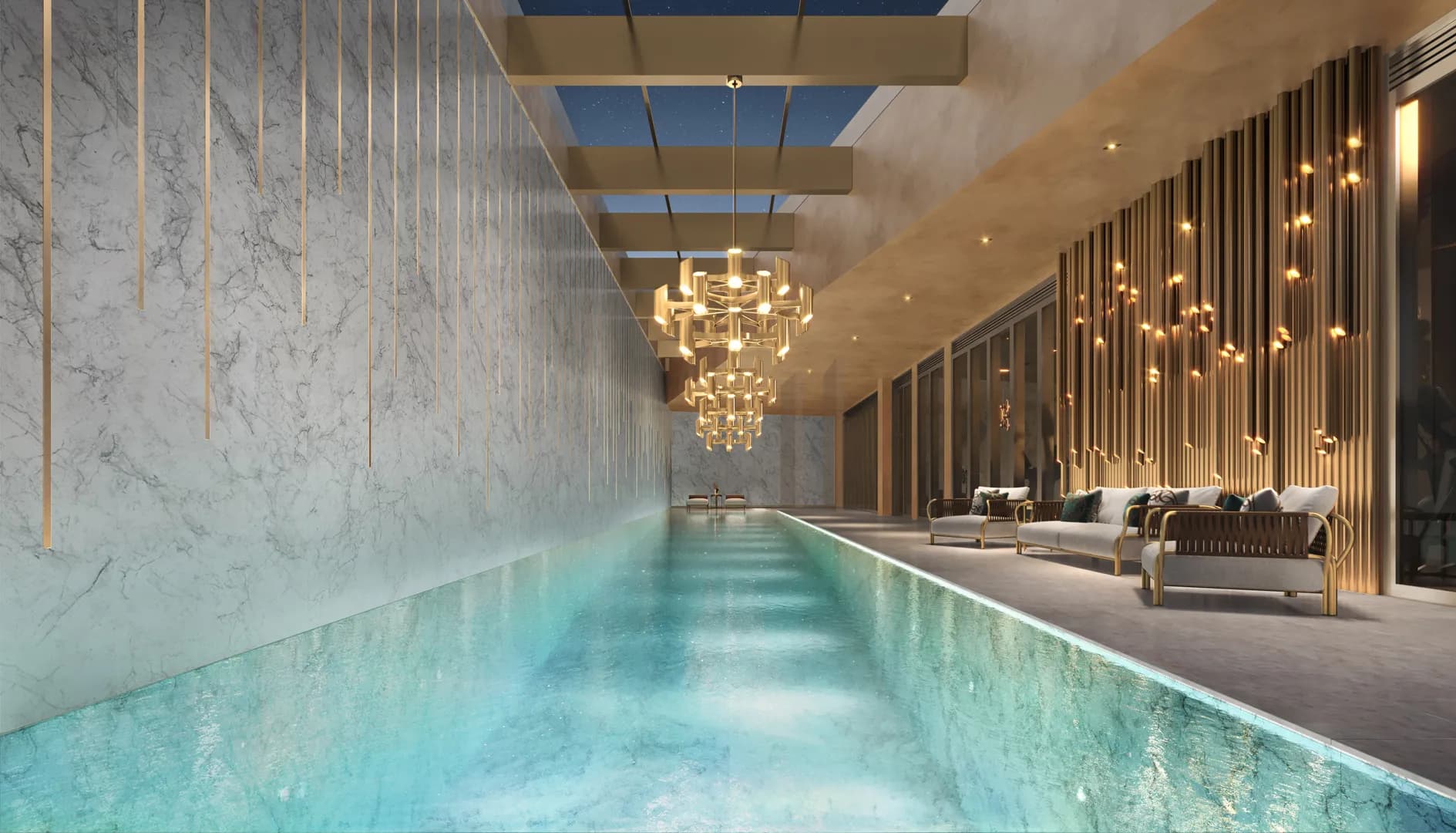 Perspectiva ilustrada da piscina coberta aquecida com raia de 25m m