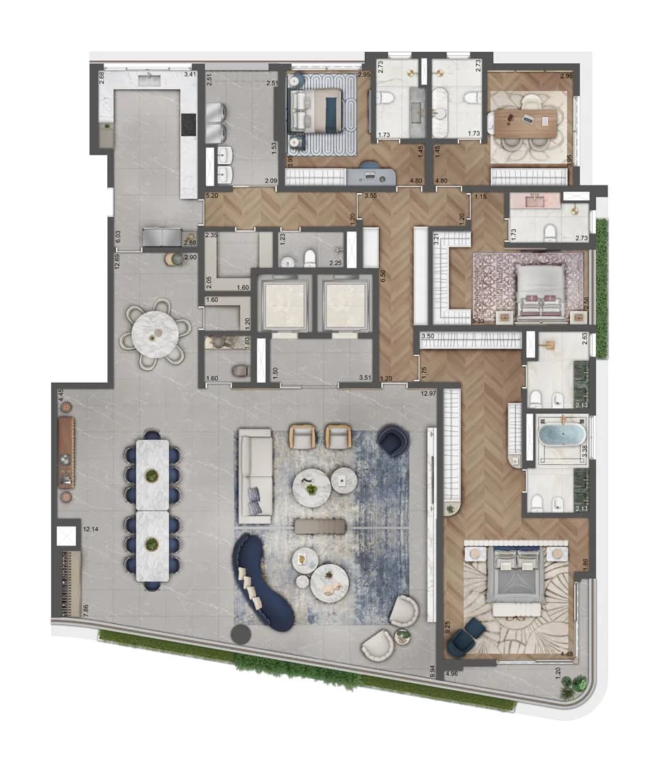 Planta tipo de 360 m² - 4 suites